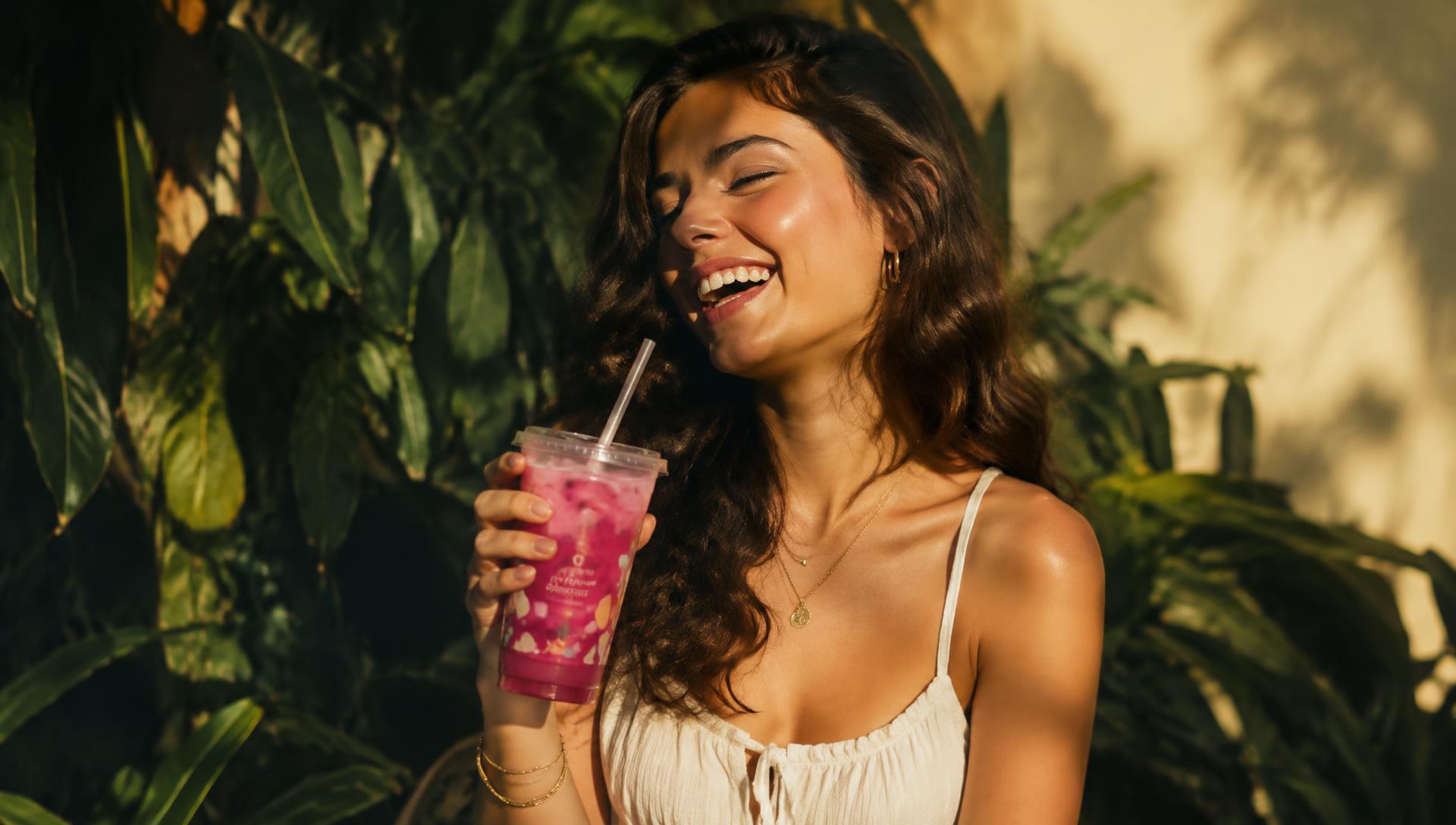 Woman laughing with a berry tea in golden sunlight